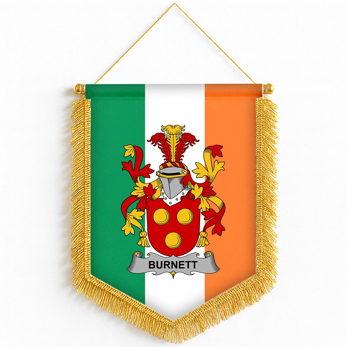 ScotsTee Shop Irish Burnett Coat of Arms Ireland Flag and Irish Family Crest Green, White and Orange Wall Hanging Banner Gonfalon