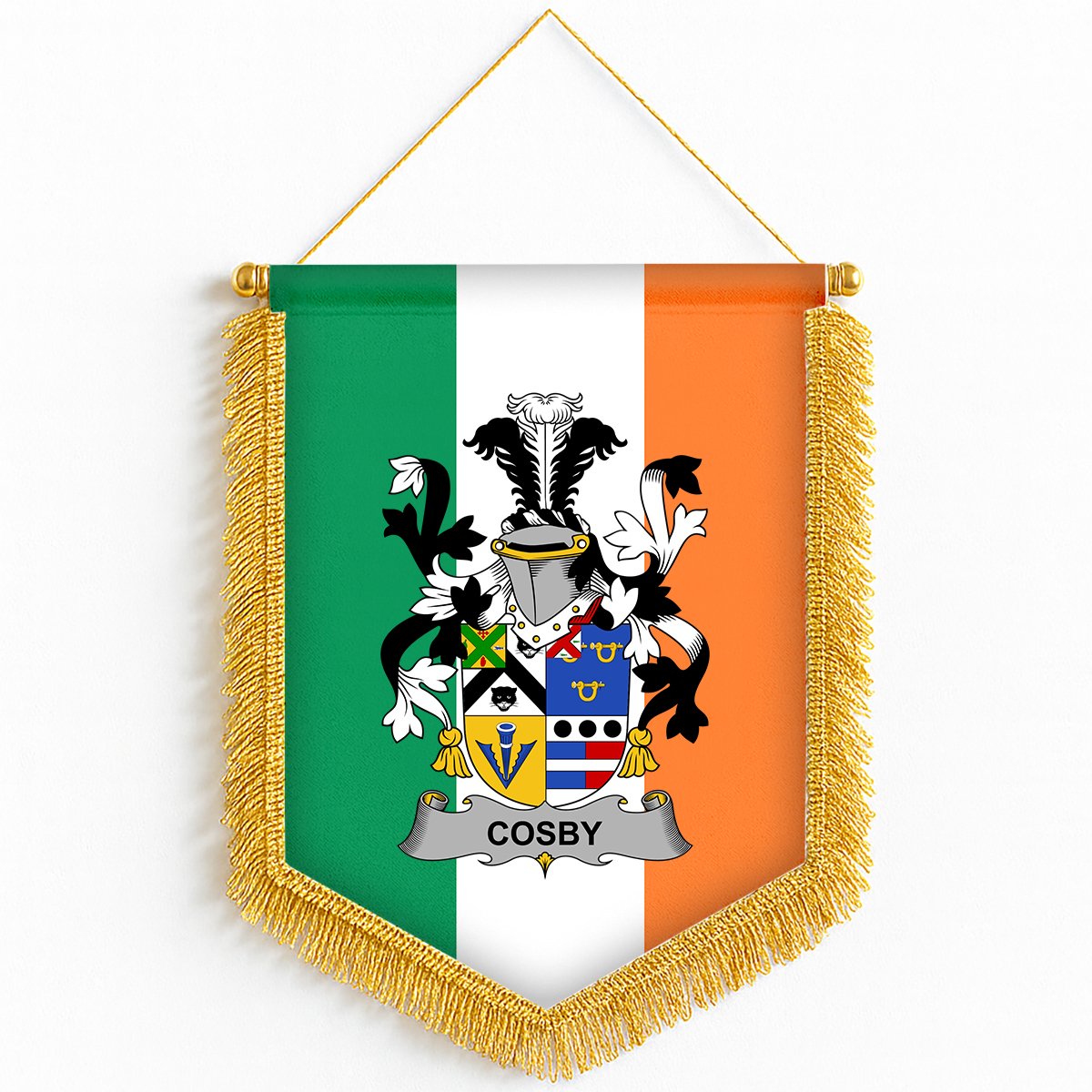 ScotsTee Shop Irish Cosby (Lord Sydney) Coat of Arms Ireland Flag and Irish Family Crest Green, White and Orange Wall Hanging Banner Gonfalon