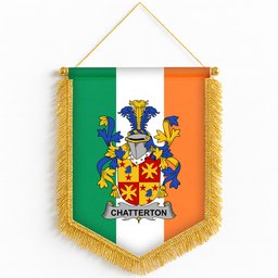 ScotsTee Shop Irish Chatterton Coat of Arms Ireland Flag and Irish Family Crest Green, White and Orange Wall Hanging Banner Gonfalon