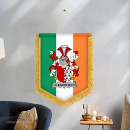 ScotsTee Shop Irish Blanchfield Coat of Arms Ireland Flag and Irish Family Crest Green, White and Orange Wall Hanging Banner Gonfalon
