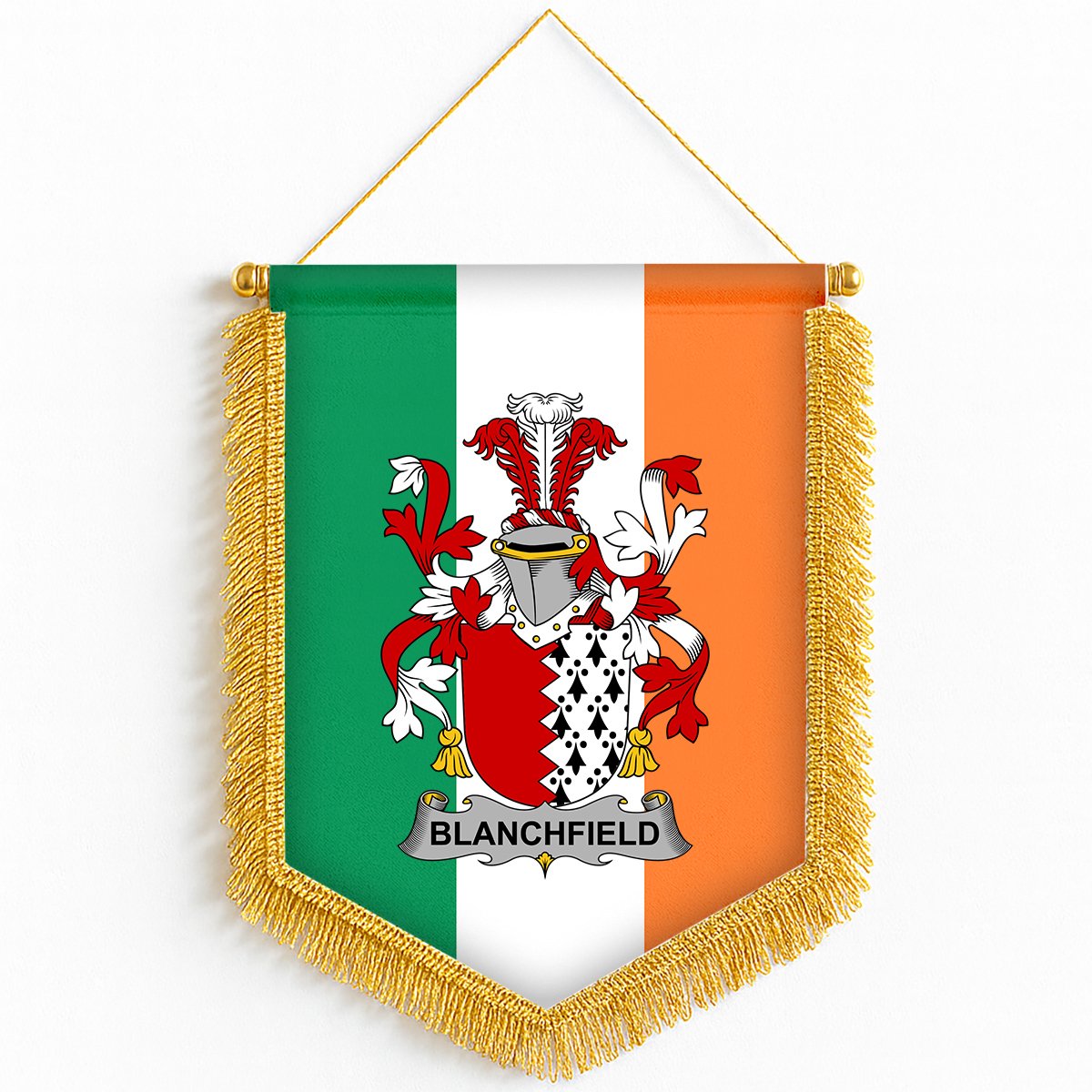 ScotsTee Shop Irish Blanchfield Coat of Arms Ireland Flag and Irish Family Crest Green, White and Orange Wall Hanging Banner Gonfalon