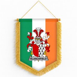ScotsTee Shop Irish Blanchfield Coat of Arms Ireland Flag and Irish Family Crest Green, White and Orange Wall Hanging Banner Gonfalon