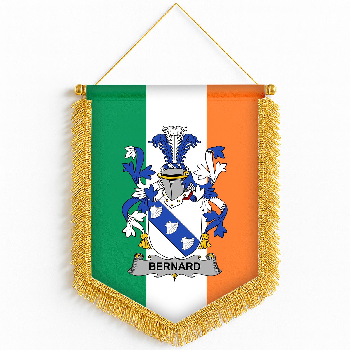 ScotsTee Shop Irish Bernard Coat of Arms Ireland Flag and Irish Family Crest Green, White and Orange Wall Hanging Banner Gonfalon
