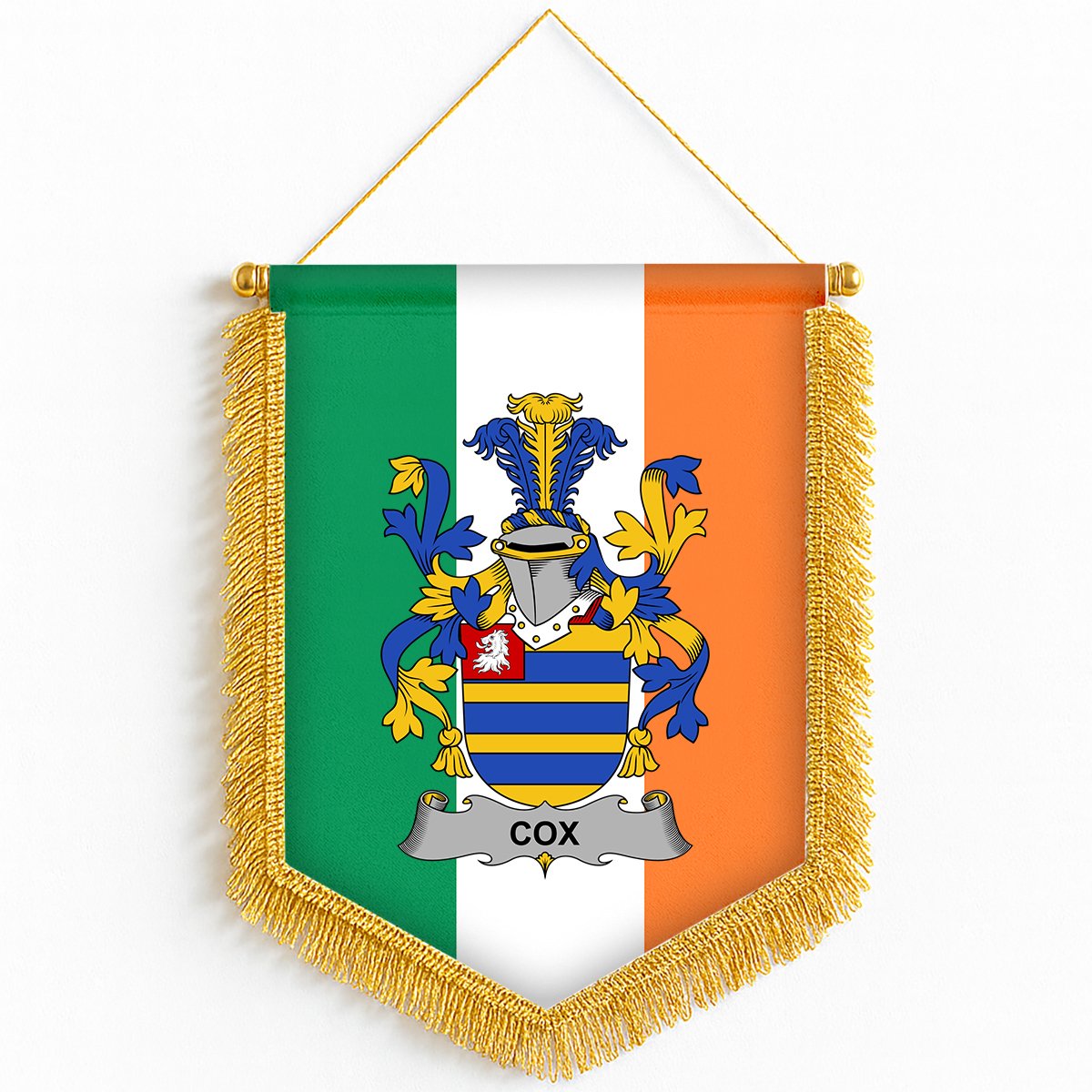 ScotsTee Shop Irish Cox Coat of Arms Ireland Flag and Irish Family Crest Green, White and Orange Wall Hanging Banner Gonfalon