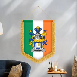 ScotsTee Shop Irish Conroy or O'Mulconroy Coat of Arms Ireland Flag and Irish Family Crest Green, White and Orange Wall Hanging Banner Gonfalon