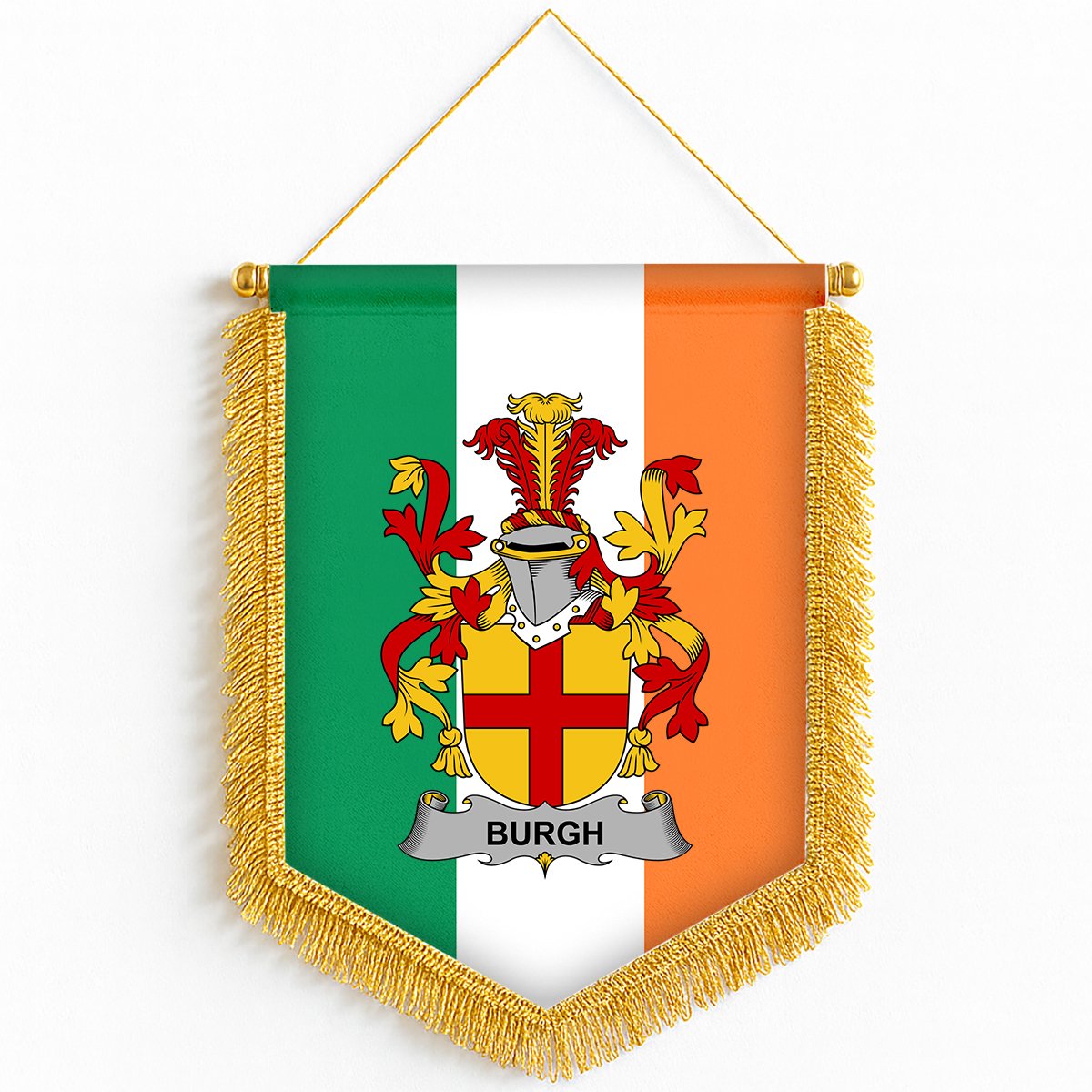 ScotsTee Shop Irish Burgh Coat of Arms Ireland Flag and Irish Family Crest Green, White and Orange Wall Hanging Banner Gonfalon