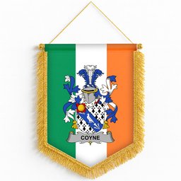 ScotsTee Shop Irish Coyne or O'Coyne Coat of Arms Ireland Flag and Irish Family Crest Green, White and Orange Wall Hanging Banner Gonfalon