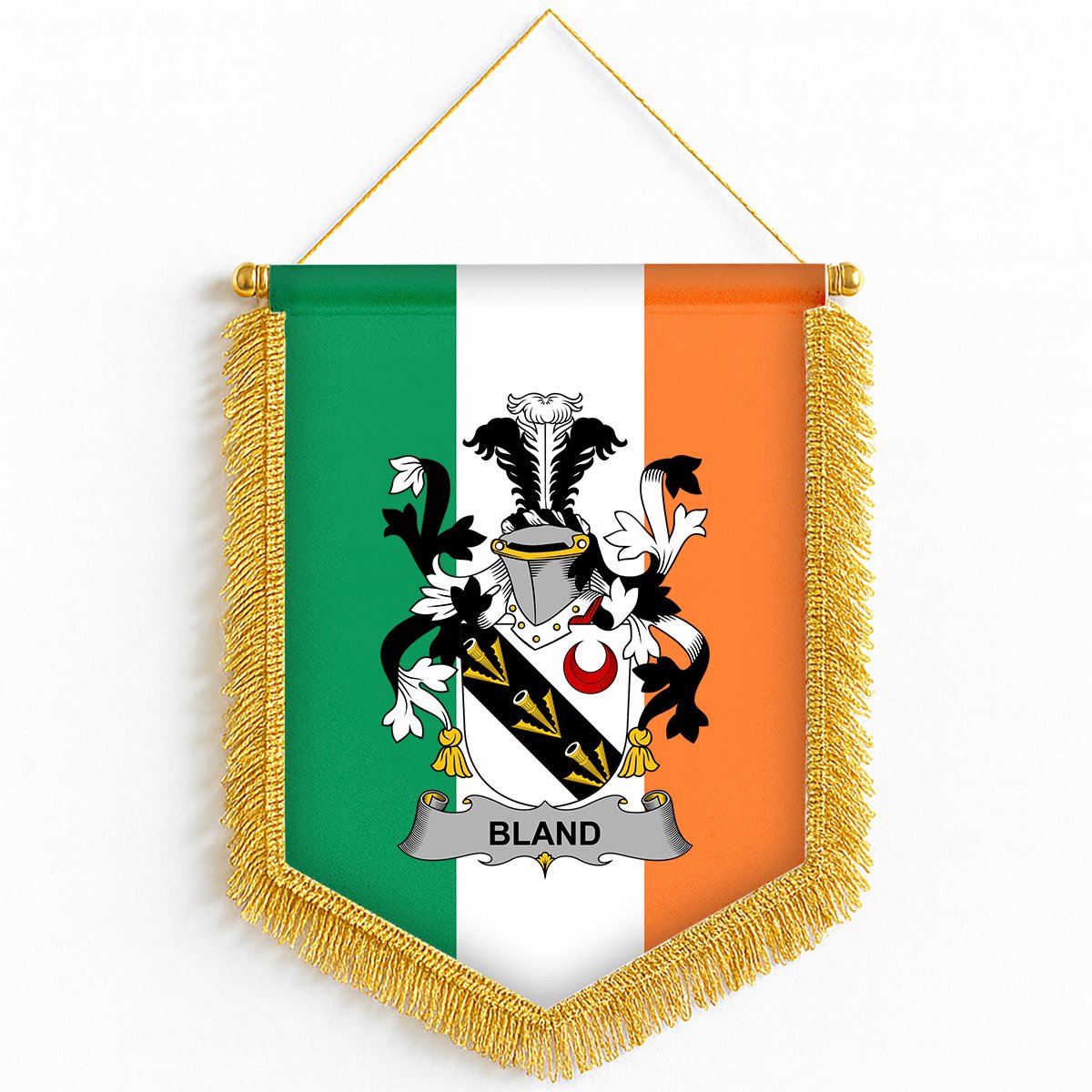 ScotsTee Shop Irish Bland Coat of Arms Ireland Flag and Irish Family Crest Green, White and Orange Wall Hanging Banner Gonfalon