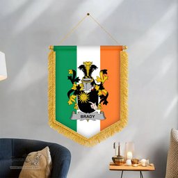 ScotsTee Shop Irish Brady or McBrady Coat of Arms Ireland Flag and Irish Family Crest Green, White and Orange Wall Hanging Banner Gonfalon