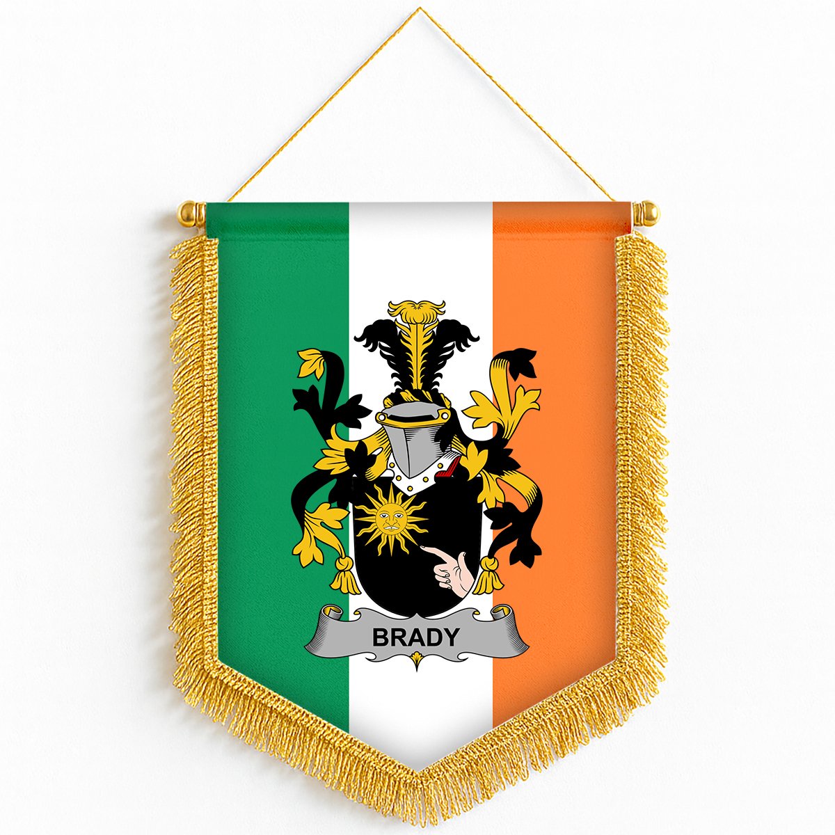 ScotsTee Shop Irish Brady or McBrady Coat of Arms Ireland Flag and Irish Family Crest Green, White and Orange Wall Hanging Banner Gonfalon
