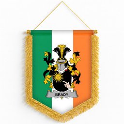 ScotsTee Shop Irish Brady or McBrady Coat of Arms Ireland Flag and Irish Family Crest Green, White and Orange Wall Hanging Banner Gonfalon