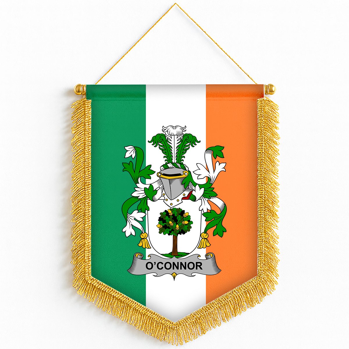 ScotsTee Shop Irish Connor or O'Connor (Faly) Coat of Arms Ireland Flag and Irish Family Crest Green, White and Orange Wall Hanging Banner Gonfalon