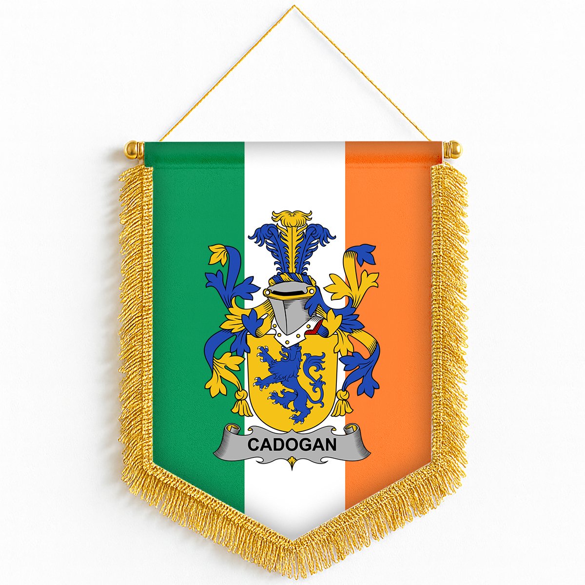ScotsTee Shop Irish Cadogan Coat of Arms Ireland Flag and Irish Family Crest Green, White and Orange Wall Hanging Banner Gonfalon