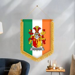 ScotsTee Shop Irish Branigan or O'Branagan Coat of Arms Ireland Flag and Irish Family Crest Green, White and Orange Wall Hanging Banner Gonfalon