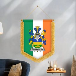 ScotsTee Shop Irish Connellan or O'Connellan Coat of Arms Ireland Flag and Irish Family Crest Green, White and Orange Wall Hanging Banner Gonfalon