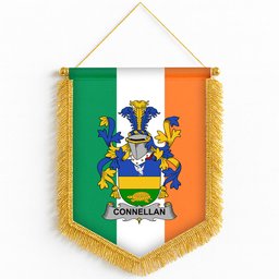ScotsTee Shop Irish Connellan or O'Connellan Coat of Arms Ireland Flag and Irish Family Crest Green, White and Orange Wall Hanging Banner Gonfalon
