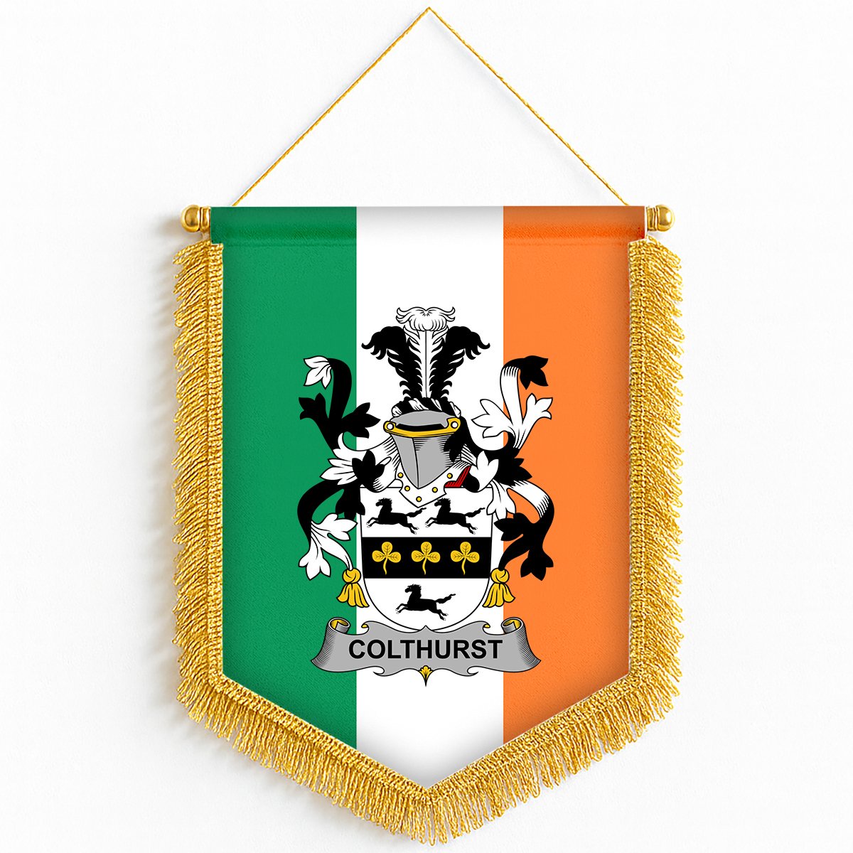 ScotsTee Shop Irish Colthurst Coat of Arms Ireland Flag and Irish Family Crest Green, White and Orange Wall Hanging Banner Gonfalon