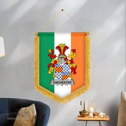 ScotsTee Shop Irish Chichester Coat of Arms Ireland Flag and Irish Family Crest Green, White and Orange Wall Hanging Banner Gonfalon