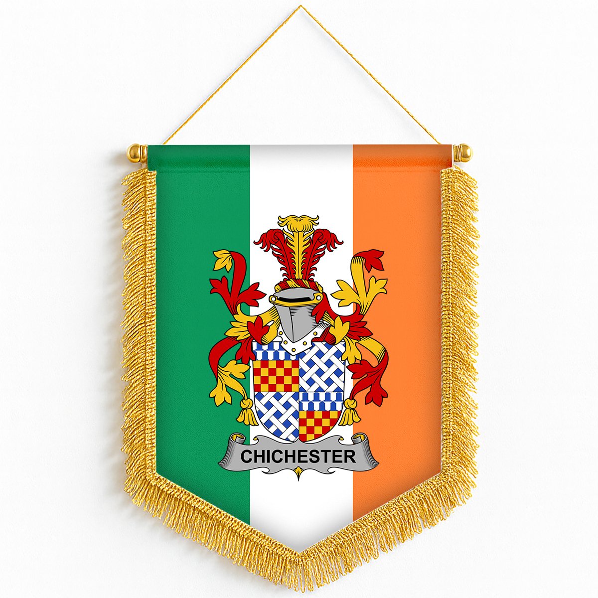 ScotsTee Shop Irish Chichester Coat of Arms Ireland Flag and Irish Family Crest Green, White and Orange Wall Hanging Banner Gonfalon