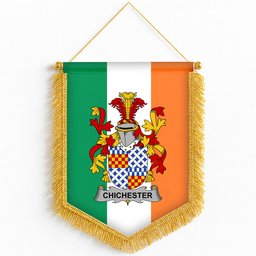 ScotsTee Shop Irish Chichester Coat of Arms Ireland Flag and Irish Family Crest Green, White and Orange Wall Hanging Banner Gonfalon