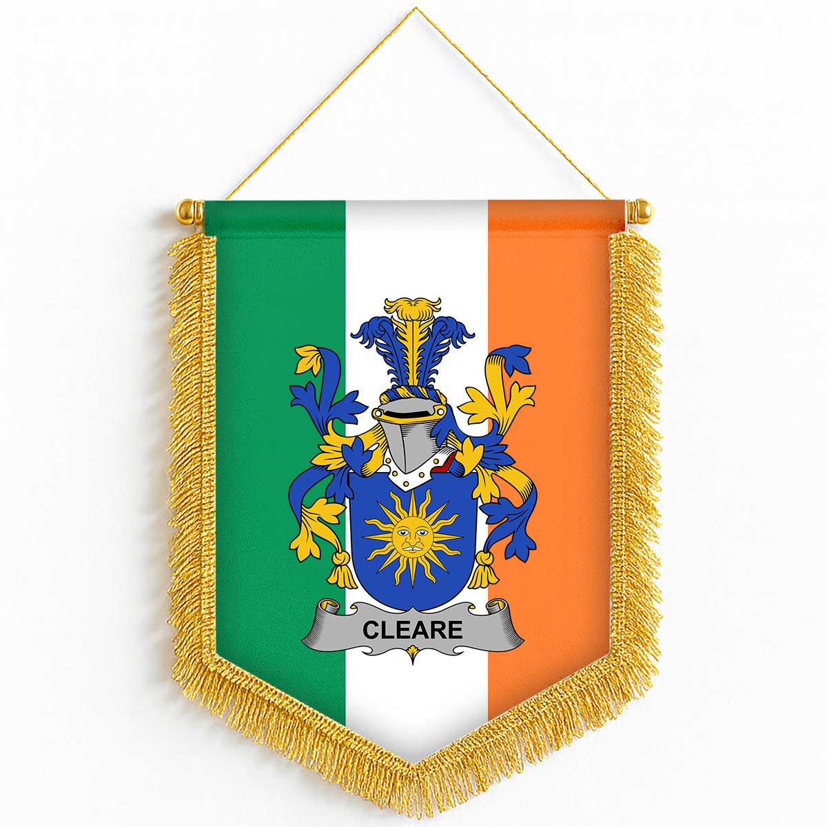 ScotsTee Shop Irish Cleare Coat of Arms Ireland Flag and Irish Family Crest Green, White and Orange Wall Hanging Banner Gonfalon