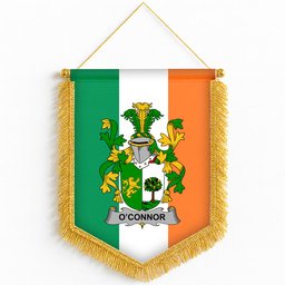 ScotsTee Shop Irish Connor or O'Connor (Sligo) Coat of Arms Ireland Flag and Irish Family Crest Green, White and Orange Wall Hanging Banner Gonfalon