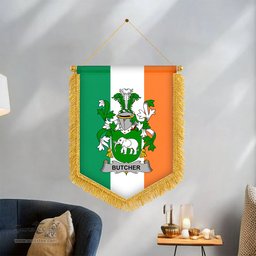 ScotsTee Shop Irish Butcher Coat of Arms Ireland Flag and Irish Family Crest Green, White and Orange Wall Hanging Banner Gonfalon