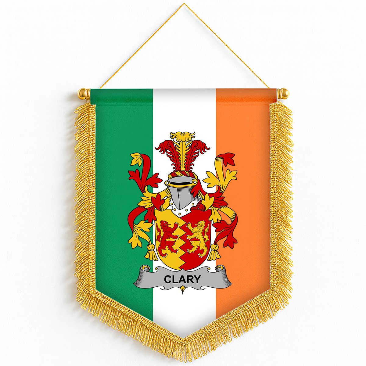 ScotsTee Shop Irish Clary or O'Clary Coat of Arms Ireland Flag and Irish Family Crest Green, White and Orange Wall Hanging Banner Gonfalon