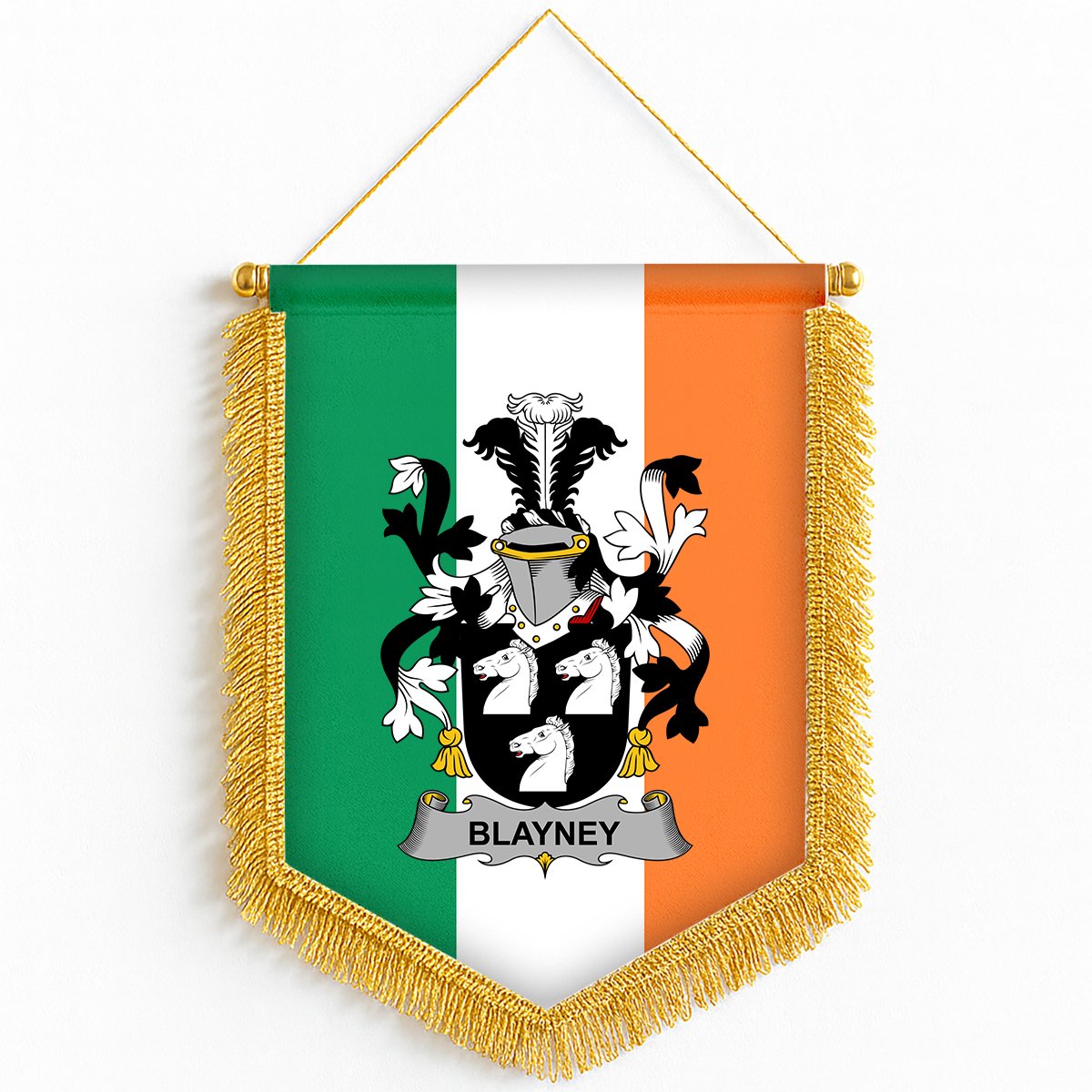 ScotsTee Shop Irish Blayney Coat of Arms Ireland Flag and Irish Family Crest Green, White and Orange Wall Hanging Banner Gonfalon