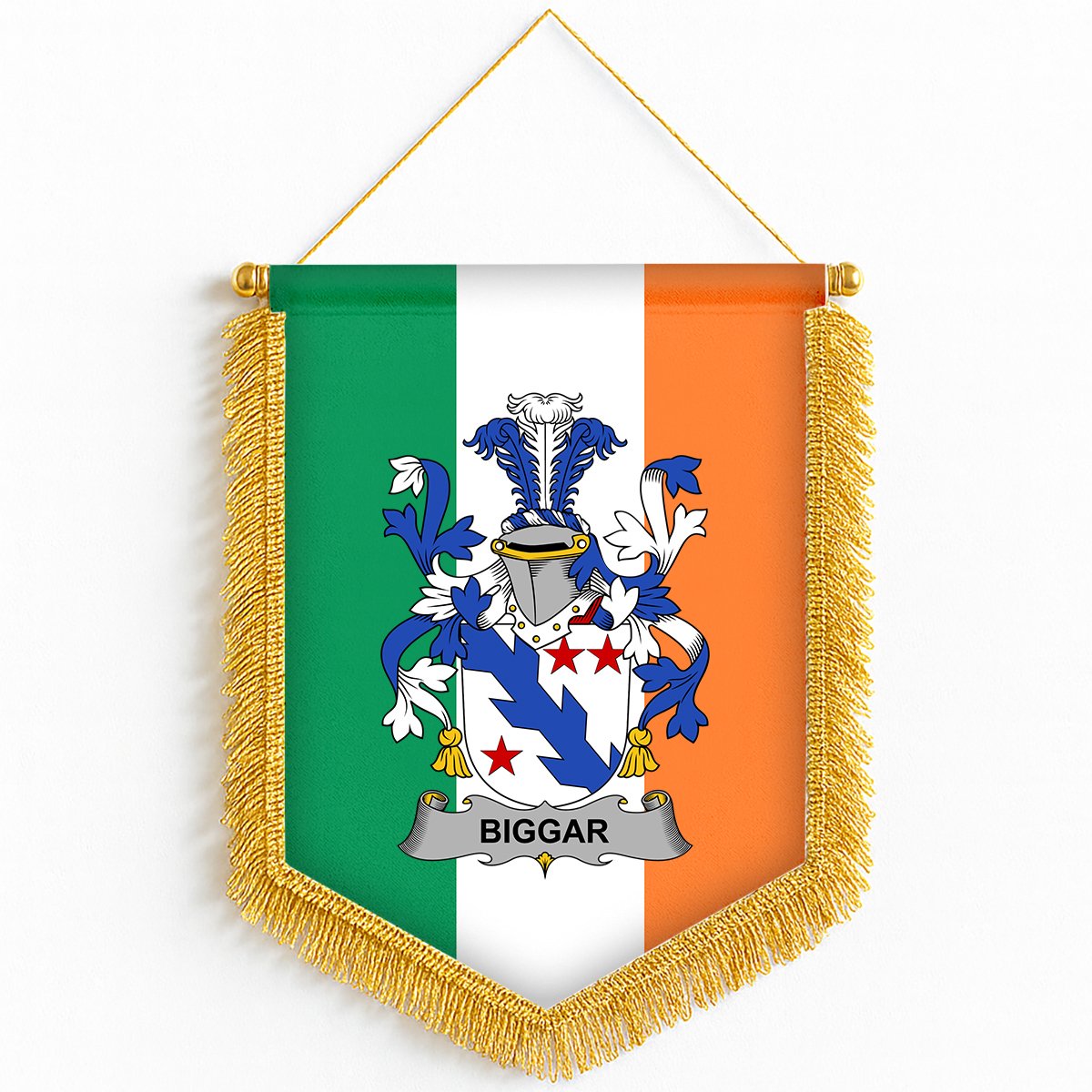 ScotsTee Shop Irish Biggar Coat of Arms Ireland Flag and Irish Family Crest Green, White and Orange Wall Hanging Banner Gonfalon