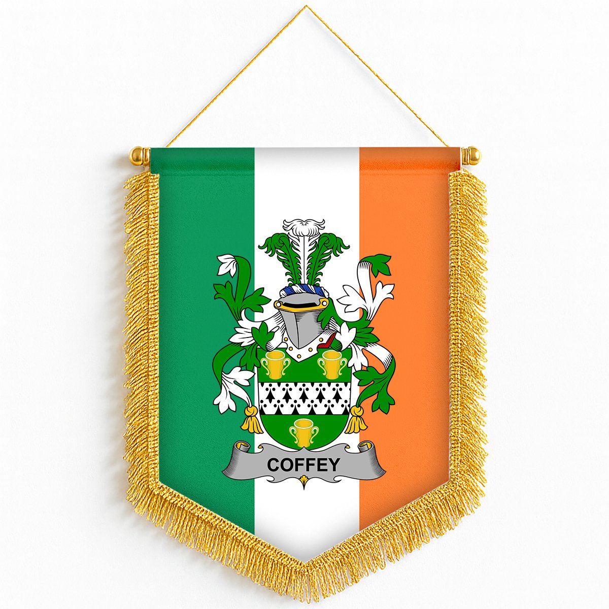 ScotsTee Shop Irish Coffey or O'Coffey Coat of Arms Ireland Flag and Irish Family Crest Green, White and Orange Wall Hanging Banner Gonfalon
