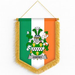 ScotsTee Shop Irish Coffey or O'Coffey Coat of Arms Ireland Flag and Irish Family Crest Green, White and Orange Wall Hanging Banner Gonfalon