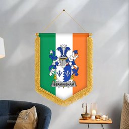 ScotsTee Shop Irish Bermingham Coat of Arms Ireland Flag and Irish Family Crest Green, White and Orange Wall Hanging Banner Gonfalon
