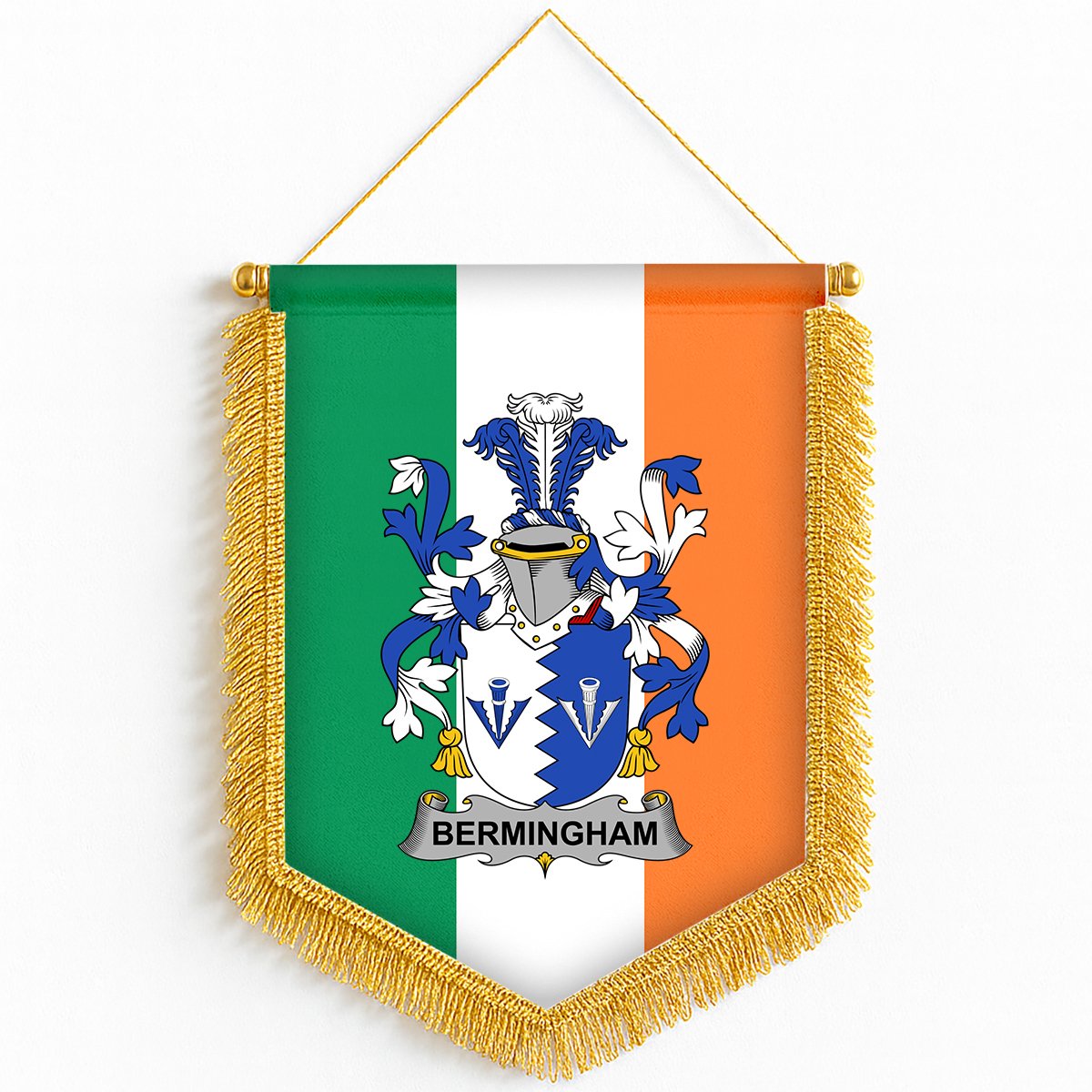 ScotsTee Shop Irish Bermingham Coat of Arms Ireland Flag and Irish Family Crest Green, White and Orange Wall Hanging Banner Gonfalon