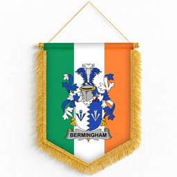 ScotsTee Shop Irish Bermingham Coat of Arms Ireland Flag and Irish Family Crest Green, White and Orange Wall Hanging Banner Gonfalon