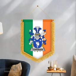 ScotsTee Shop Irish Coppinger Coat of Arms Ireland Flag and Irish Family Crest Green, White and Orange Wall Hanging Banner Gonfalon