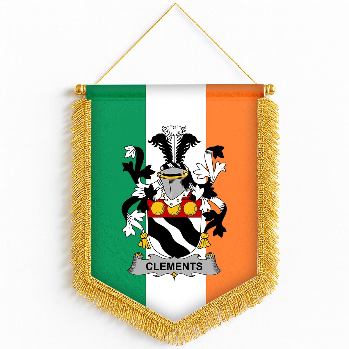 ScotsTee Shop Irish Clements Coat of Arms Ireland Flag and Irish Family Crest Green, White and Orange Wall Hanging Banner Gonfalon