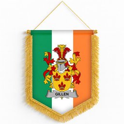 ScotsTee Shop Irish Gillen or O'Gillen Coat of Arms Ireland Flag and Irish Family Crest Green, White and Orange Wall Hanging Banner Gonfalon