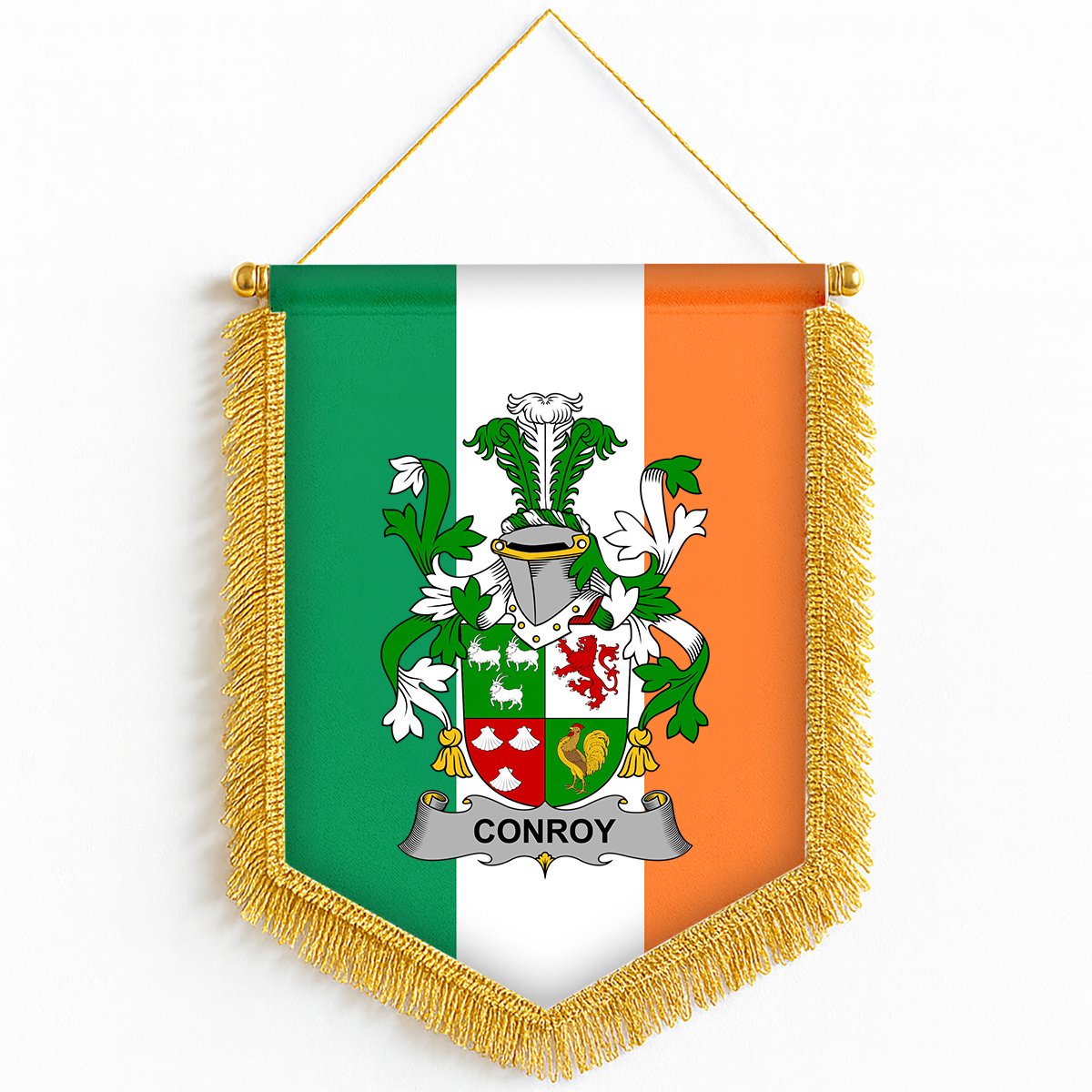 ScotsTee Shop Irish Conroy or O'Conry Coat of Arms Ireland Flag and Irish Family Crest Green, White and Orange Wall Hanging Banner Gonfalon