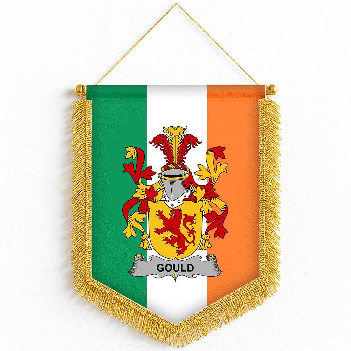 ScotsTee Shop Irish Gould Coat of Arms Ireland Flag and Irish Family Crest Green, White and Orange Wall Hanging Banner Gonfalon