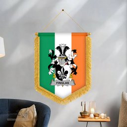 ScotsTee Shop Irish Finglas Coat of Arms Ireland Flag and Irish Family Crest Green, White and Orange Wall Hanging Banner Gonfalon