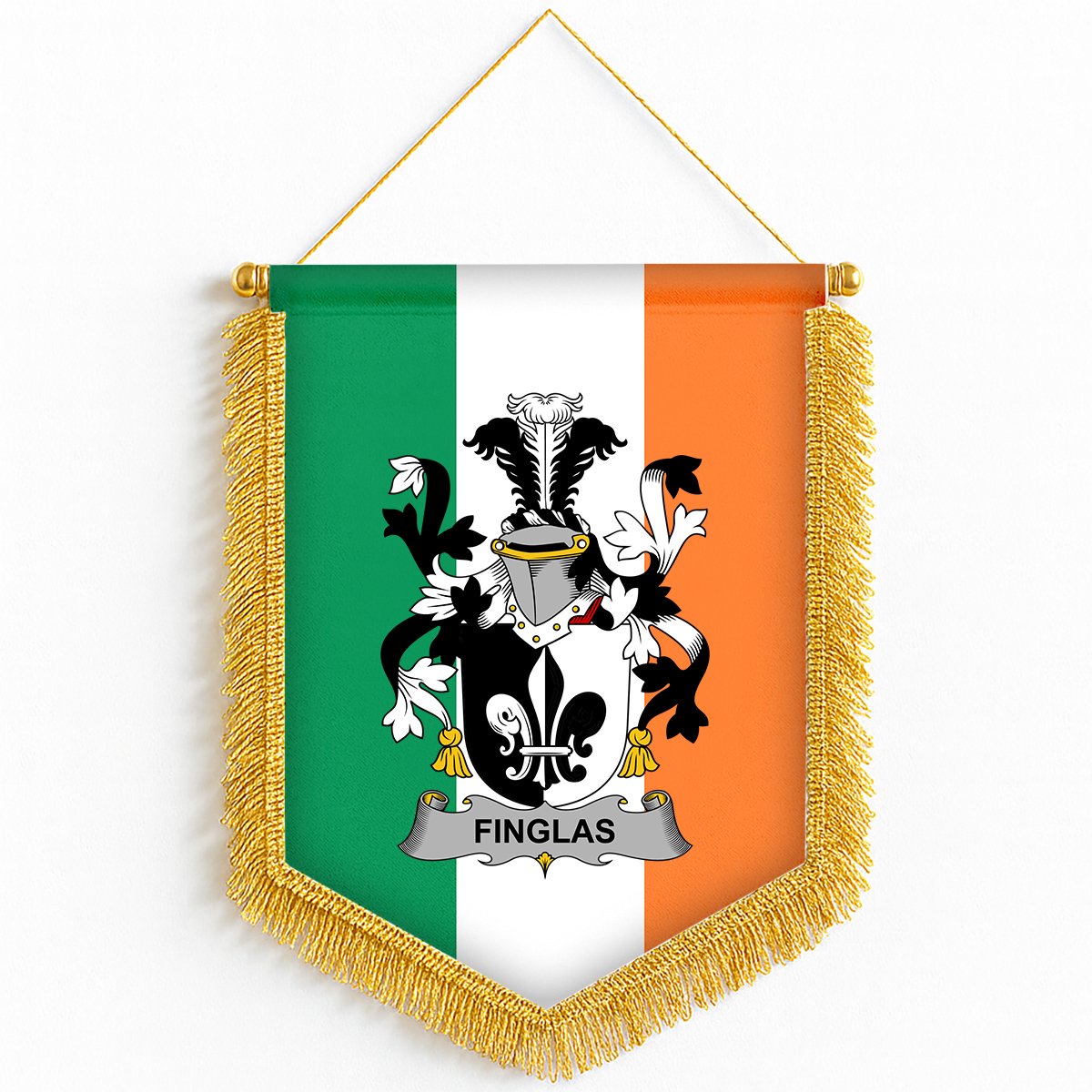 ScotsTee Shop Irish Finglas Coat of Arms Ireland Flag and Irish Family Crest Green, White and Orange Wall Hanging Banner Gonfalon