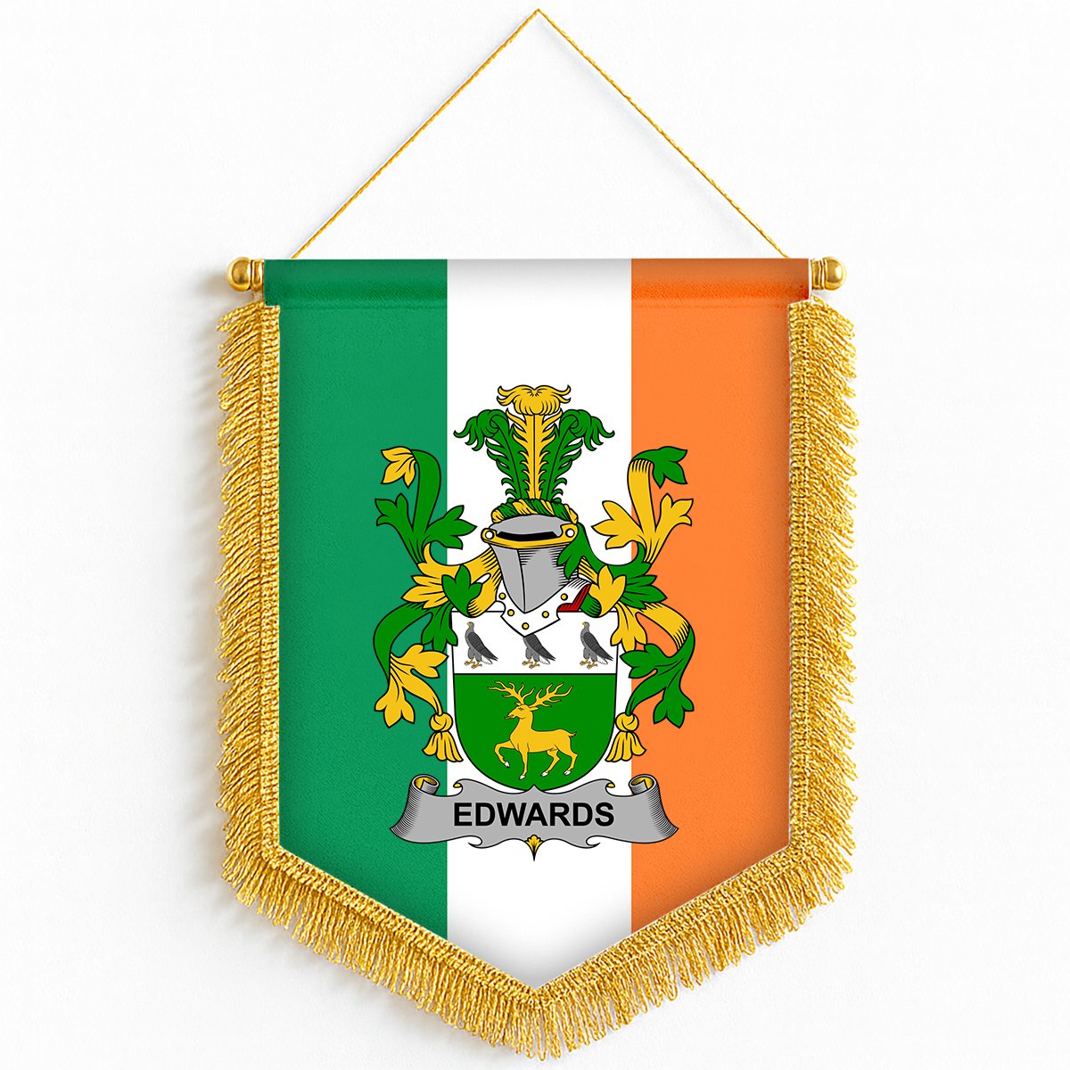 ScotsTee Shop Irish Edwards Coat of Arms Ireland Flag and Irish Family Crest Green, White and Orange Wall Hanging Banner Gonfalon