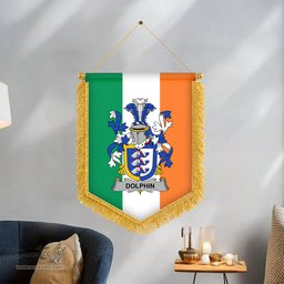 ScotsTee Shop Irish Dolphin or Dolphyn Coat of Arms Ireland Flag and Irish Family Crest Green, White and Orange Wall Hanging Banner Gonfalon