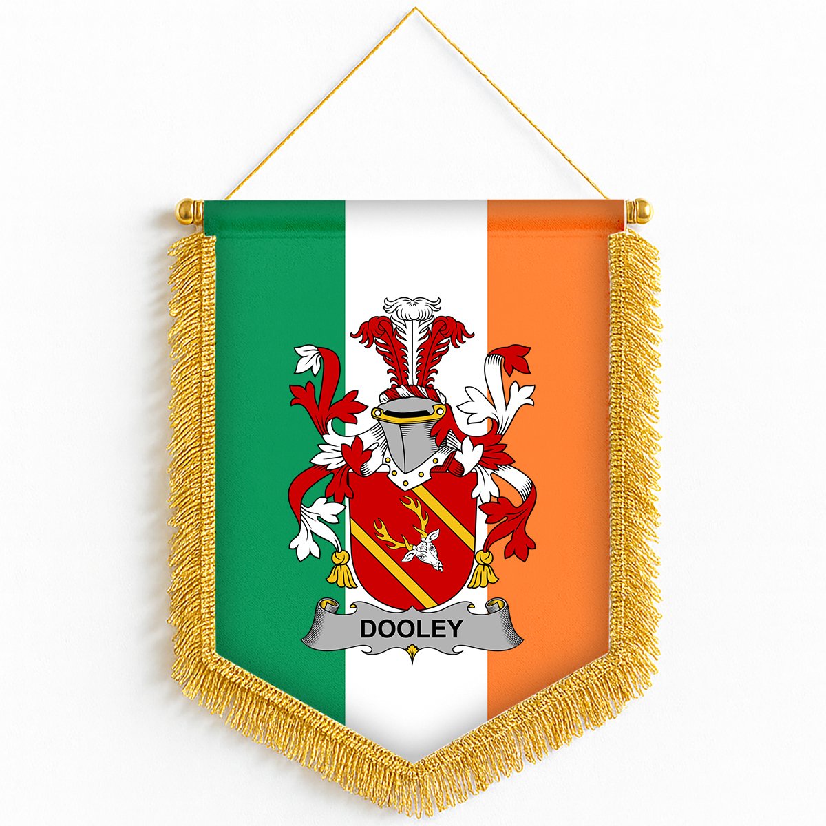 ScotsTee Shop Irish Dooley or O'Dooley Coat of Arms Ireland Flag and Irish Family Crest Green, White and Orange Wall Hanging Banner Gonfalon