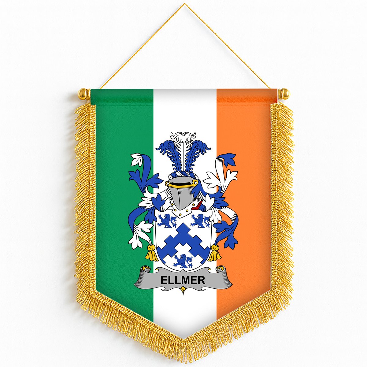 ScotsTee Shop Irish Ellmer Coat of Arms Ireland Flag and Irish Family Crest Green, White and Orange Wall Hanging Banner Gonfalon