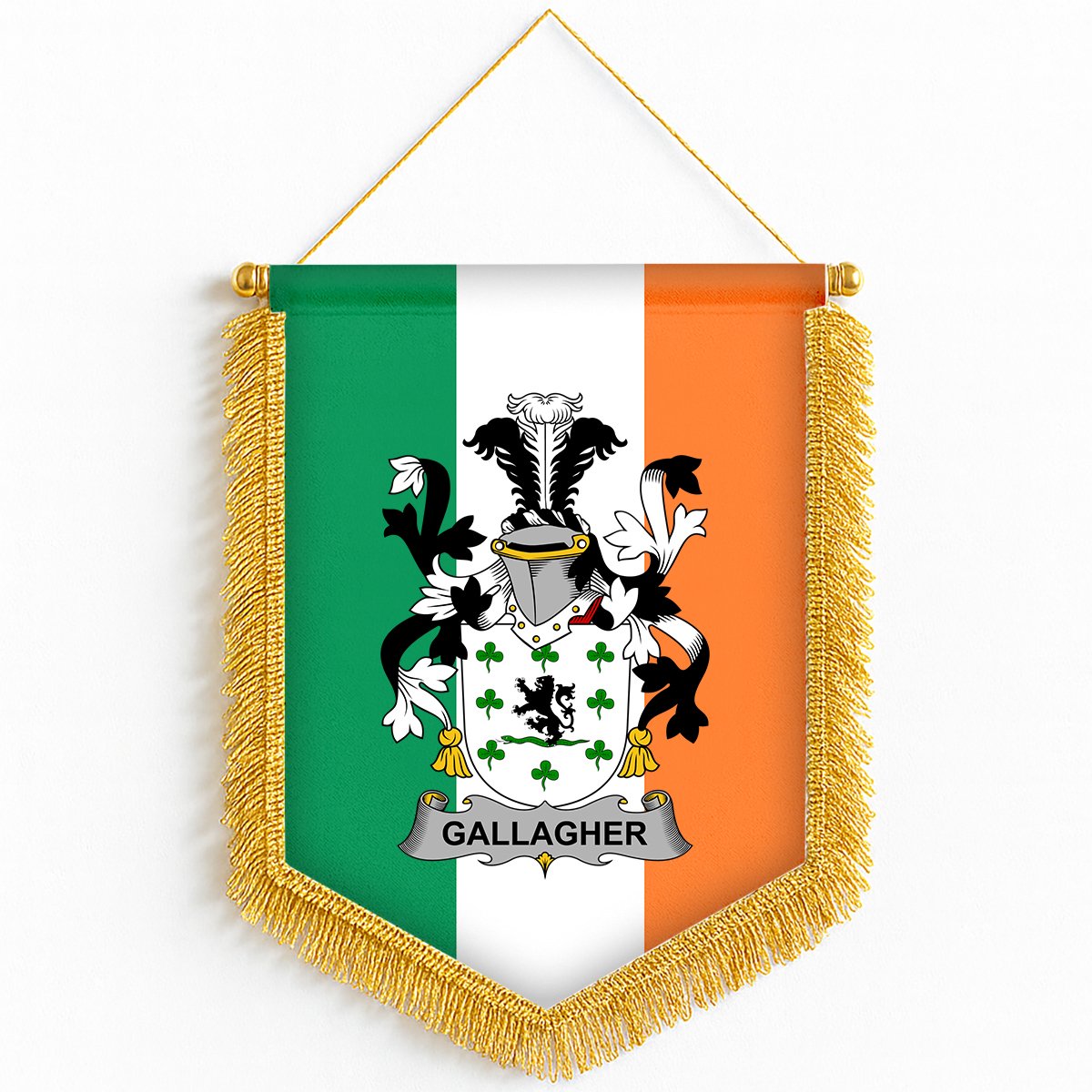 ScotsTee Shop Irish Gallagher or O'Gallagher Coat of Arms Ireland Flag and Irish Family Crest Green, White and Orange Wall Hanging Banner Gonfalon