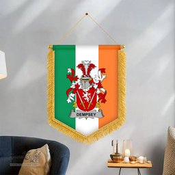 ScotsTee Shop Irish Dempsey or O'Dempsey Coat of Arms Ireland Flag and Irish Family Crest Green, White and Orange Wall Hanging Banner Gonfalon