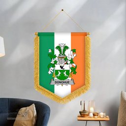 ScotsTee Shop Irish Donohue or O'Donohue Coat of Arms Ireland Flag and Irish Family Crest Green, White and Orange Wall Hanging Banner Gonfalon