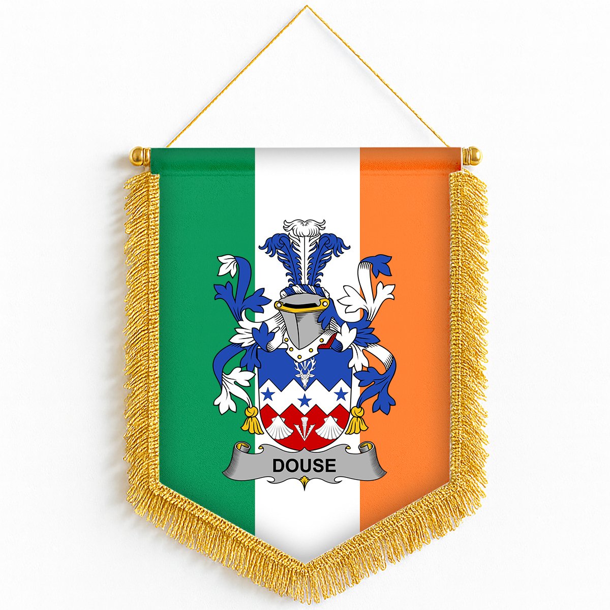 ScotsTee Shop Irish Douse or Dowse Coat of Arms Ireland Flag and Irish Family Crest Green, White and Orange Wall Hanging Banner Gonfalon